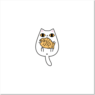 White Cat Holding a Taiyaki Cake Posters and Art